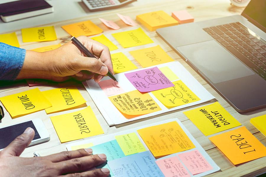 San Juan College student using sticky notes to lay out a marketing plan