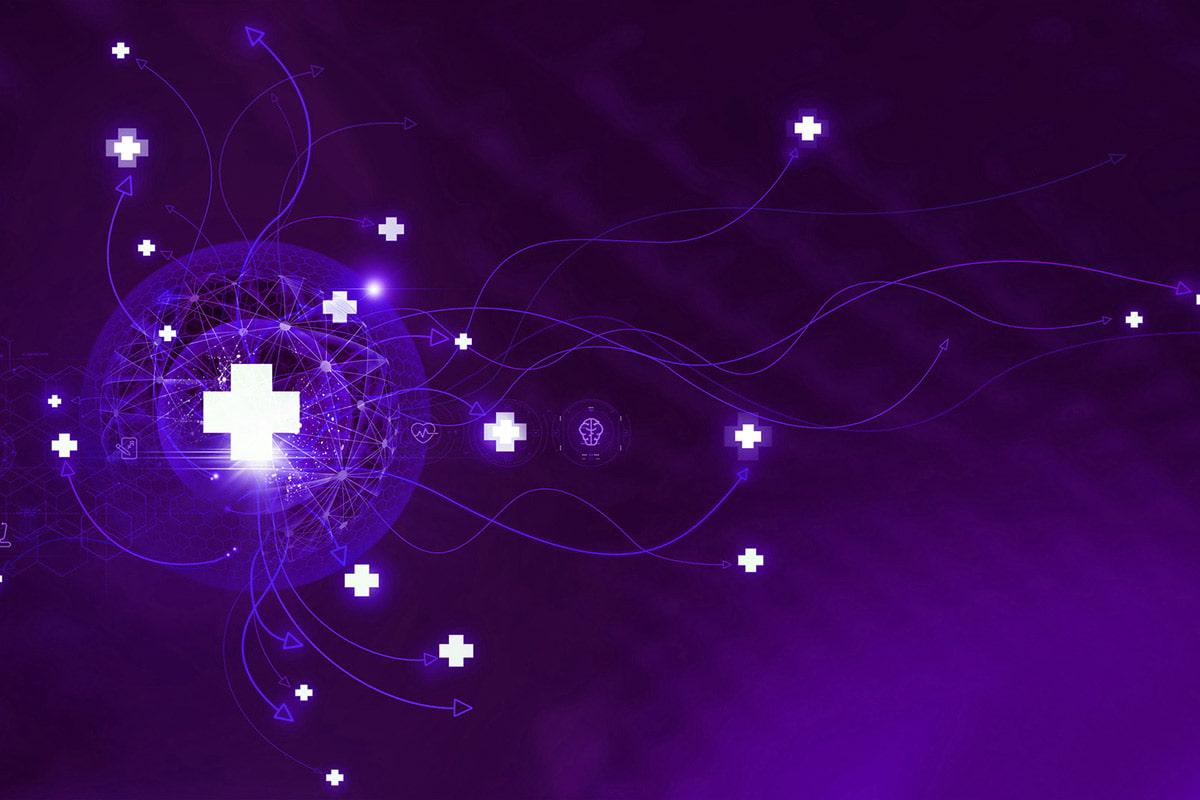 abstract purple graphic with medical crosses and other medical icons